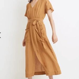 Madewell Linen Blend Dolman Sleeve Midi Dress Caramel Coffee Brown VNeck READ 4